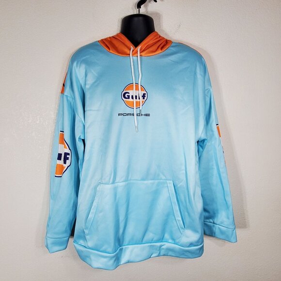 Gulf Porsche 2XL Pull Over Hoodie Sweatshirt Kangaroo Pouch Light Blue & Orange - Picture 1 of 11